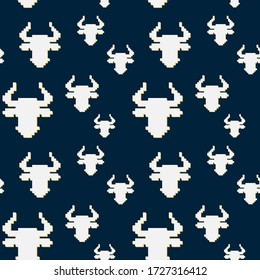 Seamless pattern with pixel Bulls-symbol of the New year. Chinese new year. Vector of the astrological sign of the bull