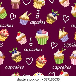 Seamless pattern pixel cakes with decorations with hearts