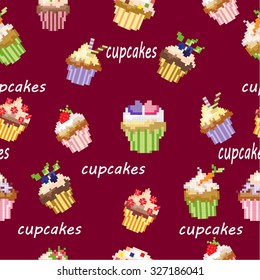 Seamless pattern pixel cakes with decorations on redbackground