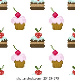 Seamless pattern, pixel cakes with fruits on white background 