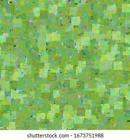 Seamless pattern. Pixel camouflage from the broken squares. Forest greens. The picture is blurred with square blots.