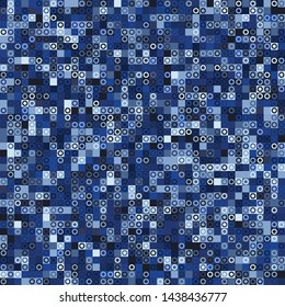 Seamless pattern. Pixel camouflage colors of the autumn-winter landscape. Small squares and rings. Checkered texture.