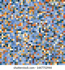 Seamless pattern. Pixel camouflage colors of the autumn-winter landscape. Small squares and rings. Checkered texture.