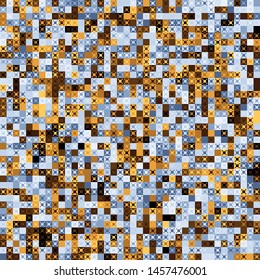 Seamless pattern. Pixel camouflage colors of the autumn-winter landscape. Small squares and four-beam figures. Checkered texture.