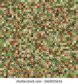 Seamless pattern. Pixel camouflage colors of the forest and the desert. Small concentric squares. Checkered texture.