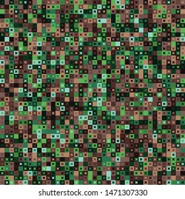 Seamless pattern. Pixel camouflage colors of the jungle and desert landscape. Small squares and four-beam stars. Checkered texture.