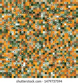 Seamless pattern. Pixel camouflage colors of the jungle and desert landscape. Small squares and four-beam stars. Checkered texture.