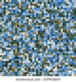 Seamless pattern. Pixel camouflage colors of the autumn-winter landscape. Small squares and four-beam figures. Checkered texture.