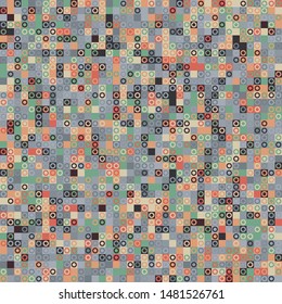 Seamless pattern. Pixel camouflage colors of the autumn-winter landscape. Small squares and rings. Checkered texture.