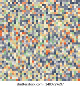 Seamless pattern. Pixel camouflage colors of the autumn-winter landscape. Small squares and four-beam figures. Checkered texture.
