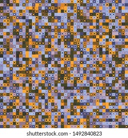 Seamless pattern. Pixel camouflage colors of the autumn-winter landscape. Small squares and four-beam figures. Checkered texture.