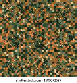 Seamless pattern. Pixel camouflage colors of the jungle and desert landscape. Small squares and four-beam stars. Checkered texture.
