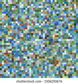 Seamless pattern. Pixel camouflage colors of the autumn-winter landscape. Small squares and rings. Checkered texture.