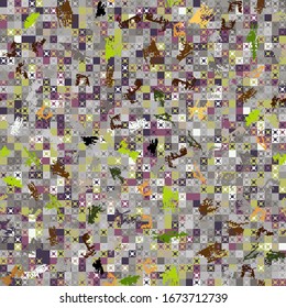 Seamless pattern. Pixel camouflage colors of the autumn-winter landscape. Small squares and four-beam figures. Checkered texture. Heavily scratched texture. Editable.