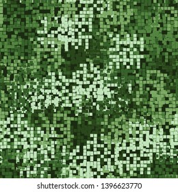 Seamless pattern. Pixel camouflage for the jungle. Swamp green shades. Editable.