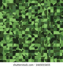 Seamless pattern. Pixel camouflage of squares separated by curved lines. Green jungle.