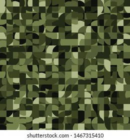 Seamless pattern. Pixel camouflage of squares separated by curved lines. Green jungle.