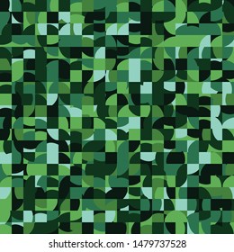 Seamless pattern. Pixel camouflage of squares separated by curved lines. Green jungle.