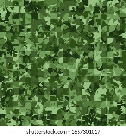 Seamless pattern. Pixel camouflage of squares separated by curved lines. Green jungle.