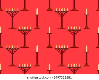 Seamless pattern of pixel candlesticks. Candlestick with candles in 8-bit style. Candlestick with burning candles. Design for wallpapers, wrappers, covers and banners. Vector illustration