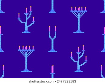 Seamless pattern of pixel candlesticks. Candlestick with candles in 8-bit style. Candlestick with burning candles. Design for wallpapers, wrappers, covers and banners. Vector illustration