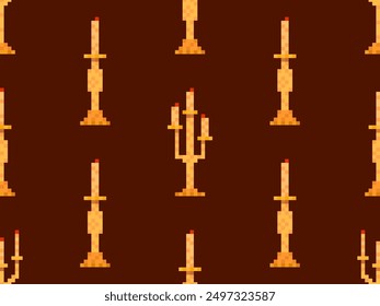 Seamless pattern of pixel candlesticks. Candlestick with candles in 8-bit style. Candlestick with burning candles. Design for wallpapers, wrappers, covers and banners. Vector illustration