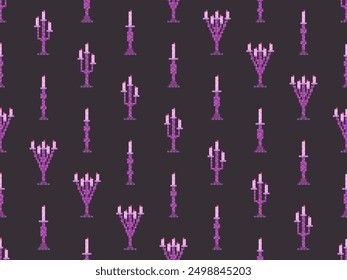 Seamless pattern of pixel candlesticks. Candlestick with candles in 8-bit style. Candlestick with burning candles. Design for wallpapers, wrappers, covers and banners. Vector illustration