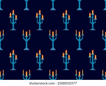 Seamless pattern of pixel candlesticks. Candlestick with candles in 8-bit style. Candlestick with burning candles. Design for wallpapers, wrappers, covers and banners. Vector illustration