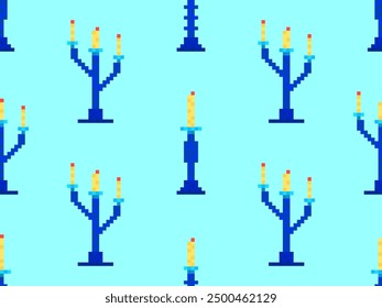 Seamless pattern of pixel candlesticks. Candlestick with candles in 8-bit style. Candlestick with burning candles. Design for wallpapers, wrappers, covers and banners. Vector illustration