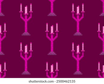 Seamless pattern of pixel candlesticks. Candlestick with candles in 8-bit style. Candlestick with burning candles. Design for wallpapers, wrappers, covers and banners. Vector illustration