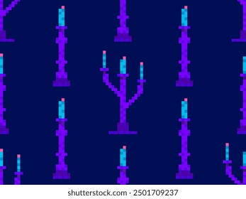 Seamless pattern of pixel candlesticks. Candlestick with candles in 8-bit style. Candlestick with burning candles. Design for wallpapers, wrappers, covers and banners. Vector illustration