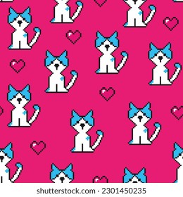Seamless pattern with pixel cat on pink background.  Background for textile, fabric, stationery, clothes, accessories and other designs.