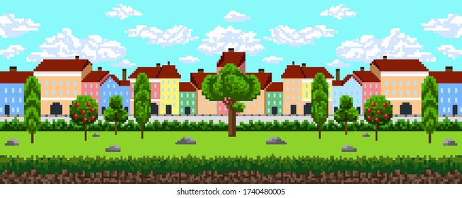 Seamless pattern of pixel city background vector illustration. Nice houses in summer landscape with green trees and blue sky for adventure game on 8-bit platform flat style concept