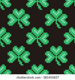 Seamless pattern with pixel clover. 8-bit pixel art backdrop. Saint Patrick's Day background. Vector illustration.