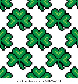Seamless pattern with pixel clover. 8-bit pixel art backdrop. Saint Patrick's Day background. Vector illustration.