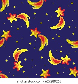 Seamless pattern with pixel comet and pixel star, vector illustration