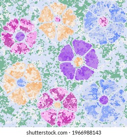 Seamless pattern. Pixel drawing of flowers. Blue, purple, yellow, green, pink.