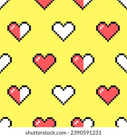 Seamless pattern of pixel elements in 8-bit style isolated on a yellow background. Heart shaped icons, retro game.