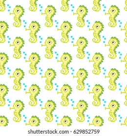 Seamless pattern with pixel fish horse, vector illustration