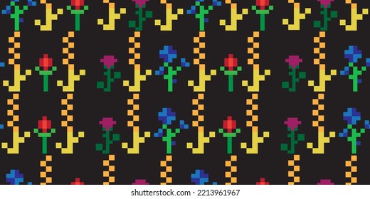 Seamless pattern with pixel flowers, wheat, cornflowers. Ukrainian simple ornament on a black background. Embroidery, patriotic motifs, vector print for clothes. 