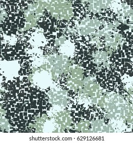 Seamless pattern. The pixel pattern in the foreground. Colorful blots in the background. Fashionable camouflage. Green-gray tones.