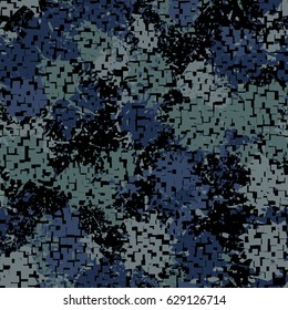 Seamless pattern. The pixel pattern in the foreground. Colorful blots in the background. Fashionable camouflage. Blue tones, gray, black.