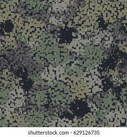 Seamless pattern. The pixel pattern in the foreground. Colorful blots in the background. Fashionable camouflage. Gray-khaki tones.