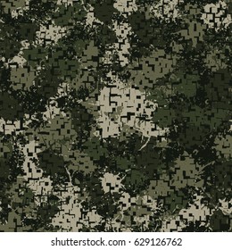 Seamless pattern. The pixel pattern in the foreground. Colorful blots in the background. Fashionable camouflage. Green-khaki-black tones.