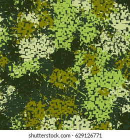 Seamless pattern. The pixel pattern in the foreground. Colorful blots in the background. Fashionable camouflage. Green-khaki tones.