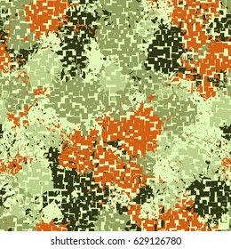 Seamless pattern. The pixel pattern in the foreground. Colorful blots in the background. Fashionable camouflage. Beige-khaki tones, orange-brown.