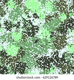 Seamless pattern. The pixel pattern in the foreground. Colorful blots in the background. Fashionable camouflage. Blue-green-khaki tones.