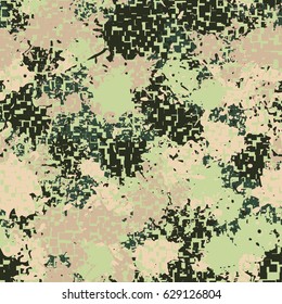 Seamless pattern. The pixel pattern in the foreground. Colorful blots in the background. Fashionable camouflage. Beige and green tones.