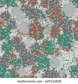 Seamless pattern. The pixel pattern in the foreground. Colorful blots in the background. Fashionable camouflage. Gray, brown, green.