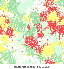 Seamless pattern. The pixel pattern in the foreground. Colorful blots in the background. Fashionable camouflage. White, red, pale green tones, yellow.